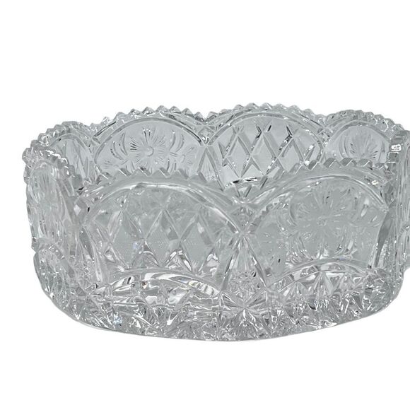 Antique Deeply Cut Crystal Sawtooth Edge Bowl Floral Diamond Design 8x3.5 Heavy - Picture 4 of 8